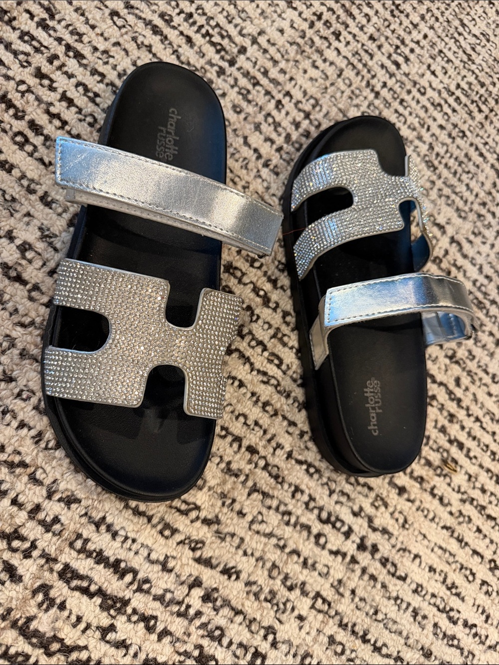 Silver Metallic Rhinestone Slide Sandals